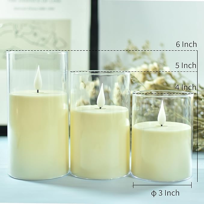 NICEME Flickering Flameless Candles with Remote Control Timer Unbreakable Acrylic Battery Operated LED Candles with Flickering Flame 3D Wick for Romantic Ambience Home Decor Set of 3, D3” xH4” 5” 6”