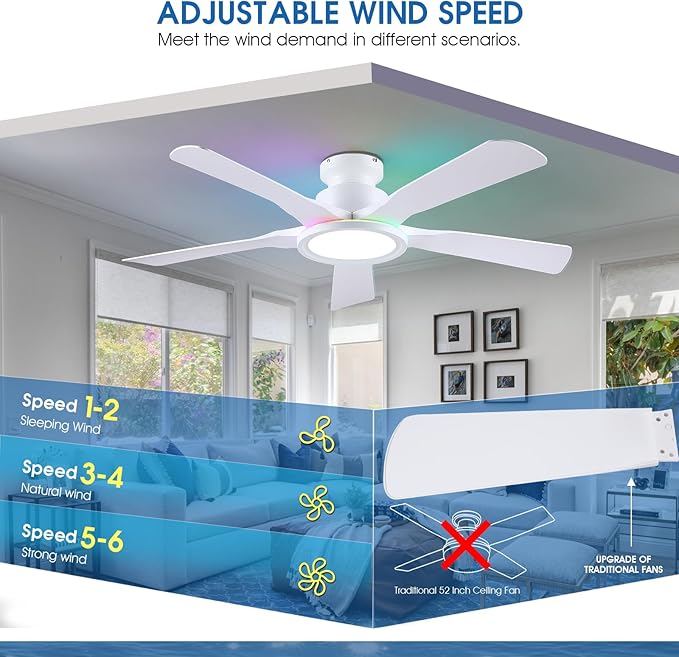 Ceiling Fans with Lights and Remote/APP Control, 52" Low Profile Flush Mount Ceiling Fan with RGB Ring Light & Dimmable, 5 Reversible Curved Blades 3 CCT 6 Speeds for Kids Room Living Room, White
