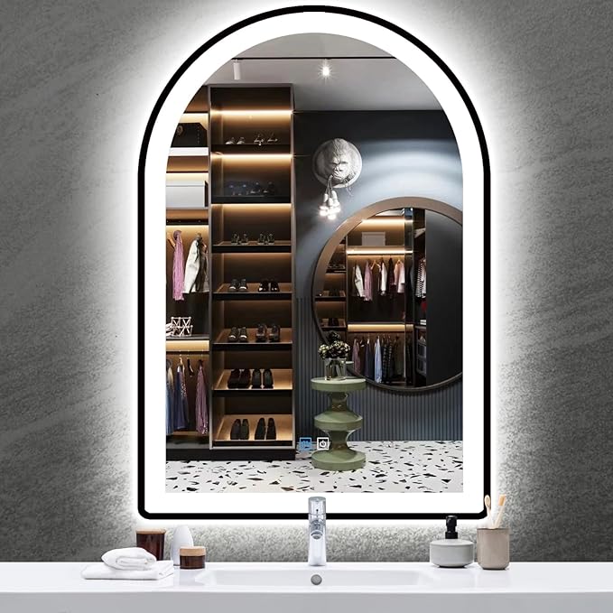 24 x 36 Inch Black Arch LED Vanity Mirror with Lights, Black Frame, 3 Color Anti Fog, 36" Bathroom Arch Smart Light Up Mirror