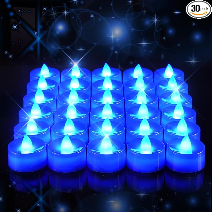 Amagic 30 Pcs Blue Flickering Flameless Tea Lights Battery Operated, 200+ Hours Long Lasting Colored Candles for Wedding, Table Centerpiece, Home Decor, Gift, Party, Halloween, Christmas, Proposal