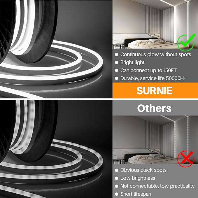 SURNIE 50ft/15m LED Neon Rope Lights - 110V Flex Strip Lights Outdoor Waterproof - 6000K Daylight White Flexible DIY Cuttable Connectable Light for Bar, Gaming Room, Commercial Building Use