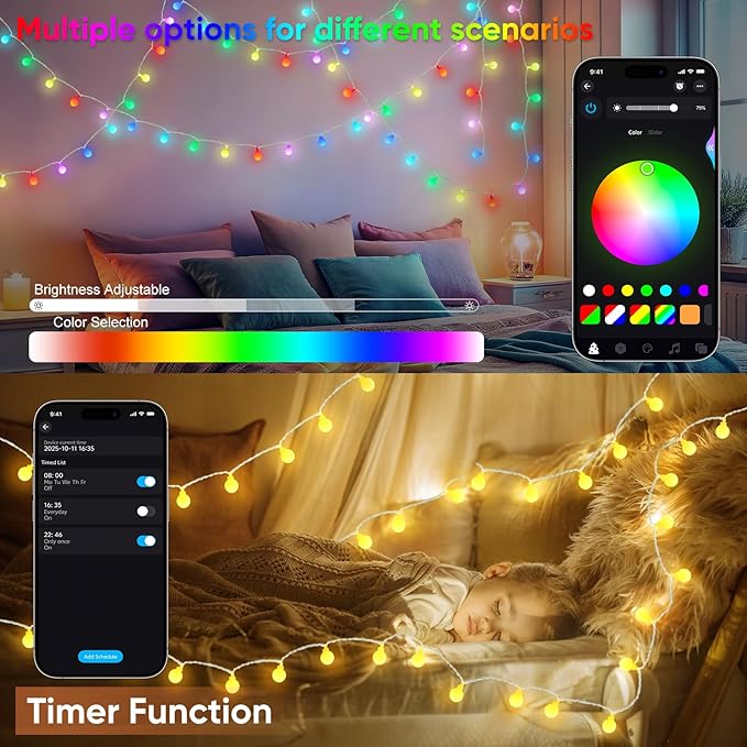 OMIKA 33FT 60 LED Color Changing Globe String Lights, Warm White & Multicolor USB Powered Smart Fairy Lights, APP & Remote Control, Music Sync, 100+ Dynamic Mode for Dorm, Classroom, Room Decor
