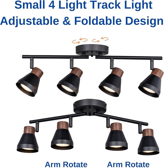 4 Light Modern Track Lighting Kit Black and Faux Wood Finish, Flexibly Adjustable Arm with Multi-Directional Ceiling Spotlight for Kitchen, Bedroom, Living Room,Ding Room Gu10 Not Included