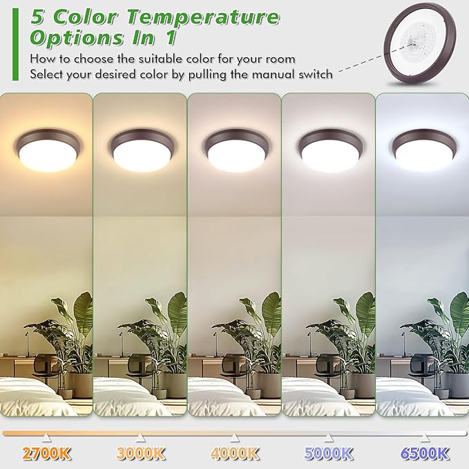 13 inch 5CCT Flush Mount Ceiling Light Fixtures, 36W 4000LM LED Ceiling Lights for Bedroom, Kitchen, Bathroom, Hallway, 2700K/3000K/4000K/5000K/6500K Adjustable Brown Dimmable Lighting - 2 Pack