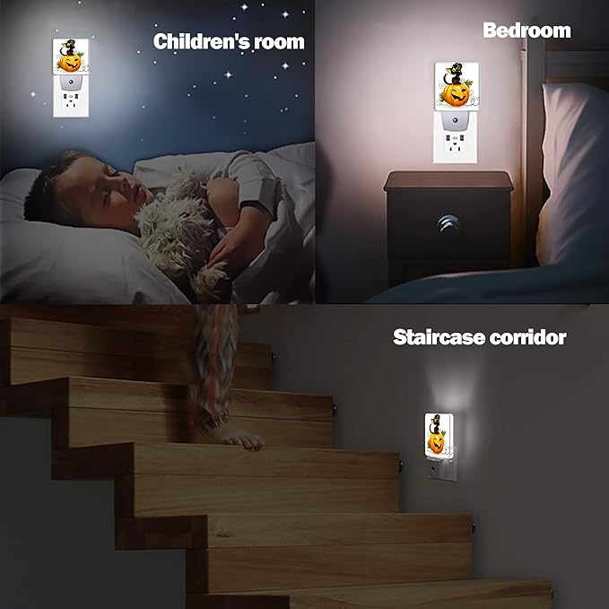Halloween Night Light, Cute Black Cat and Pumpkin Night Lights Plug into Wall Decorations for Bedroom, Bathroom, Dusk to Dawn Sensor Nightlights for Girls Women Room Gifts