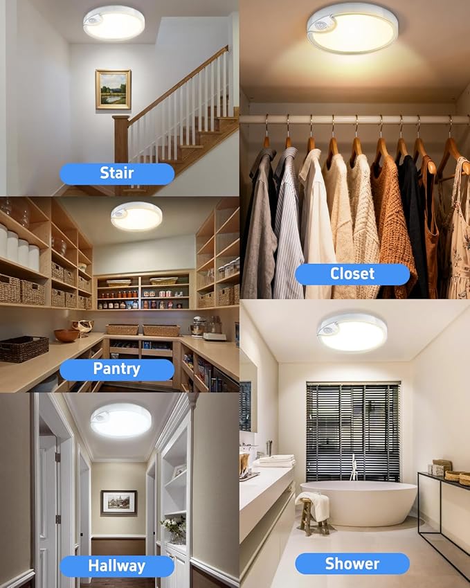 TOOWELL Rechargeable Motion Sensor Ceiling Light: Closet Lights Motion Sensored, Battery Operated Shower Light for Closet Shower Bathroom Pantry Porch 500LM, No Wired, 2 Pack