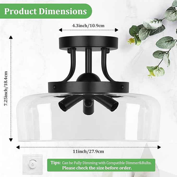 Modern Industrial Semi Flush Mount Ceiling Light with Clear Glass Shade, 3-Bulb Black Ceiling Light Fixture for Kitchen Bedroom Living Room Porch Hallway Entryway, E12 Socket, Bulbs Not Included