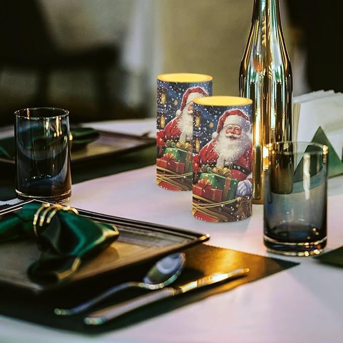 Santa Claus Flickering Flameless Candles Remote Control Candles Christmas Table Decorations for Dining Room Bedroom Home Indoor Table Festive Xmas LED Pillar Candles