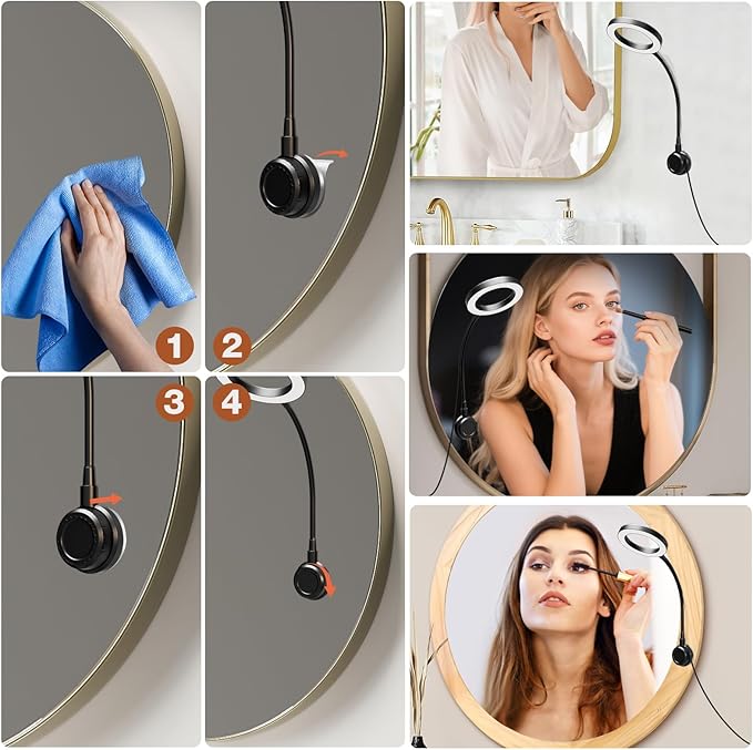 Suction Cup LED Vantiy Lights for Mirror, Flexible Gooseneck Stick on Selfie Ring Light for Makeup Vanity Table & Bathroom Mirror, 3 Color Modes & 10 Brightness, Plug in, Black