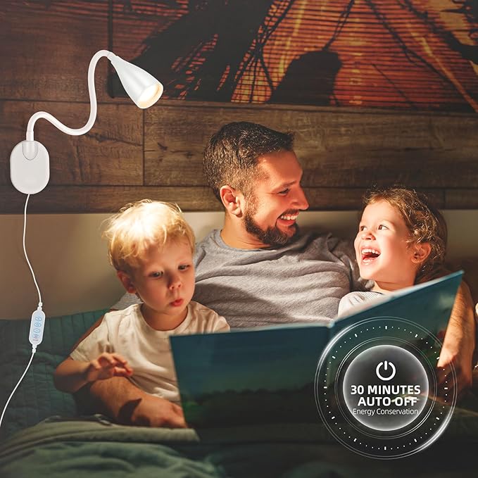 Wall-Mounted LED Bedside Reading Light with USB Charging Port, 10-Level Dimmable & Adjustable 5 Color, Plug-in Adhesive Night Lamp for Books in Bed, Eye-Caring Bedroom Lighting (White)
