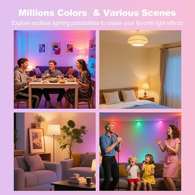 Smart Light Bulbs, WiFi & Bluetooth Light Bulb, Work with Alexa and Google Home, A19 E26 RGBCW LED Color Changing Light Bulb, 16 Million Colors, Dimmable 2700K-6500K, 9W, 800 Lumens 4 Pack
