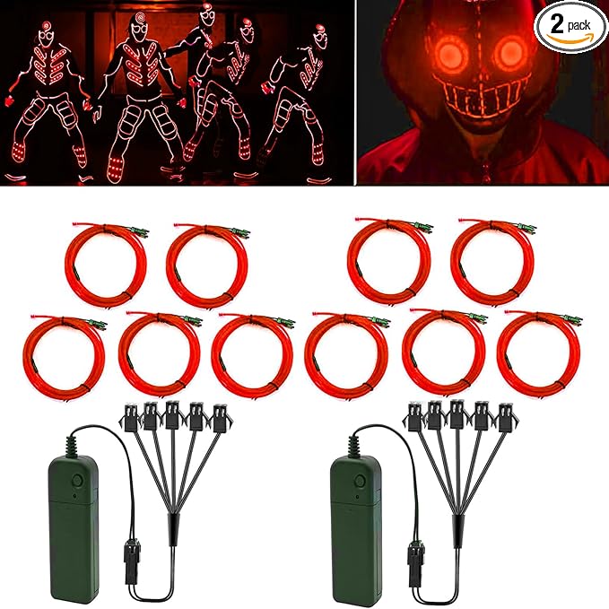 Ourbest 5in1 Electroluminescent Neon Strip Light Wire, EL Wire Lights Battery Pack for Cosplay Party Decoration 3Mode Stay/Slow/Fast Flash(10Pack 3Ft with 2 Battery Boxes Red)