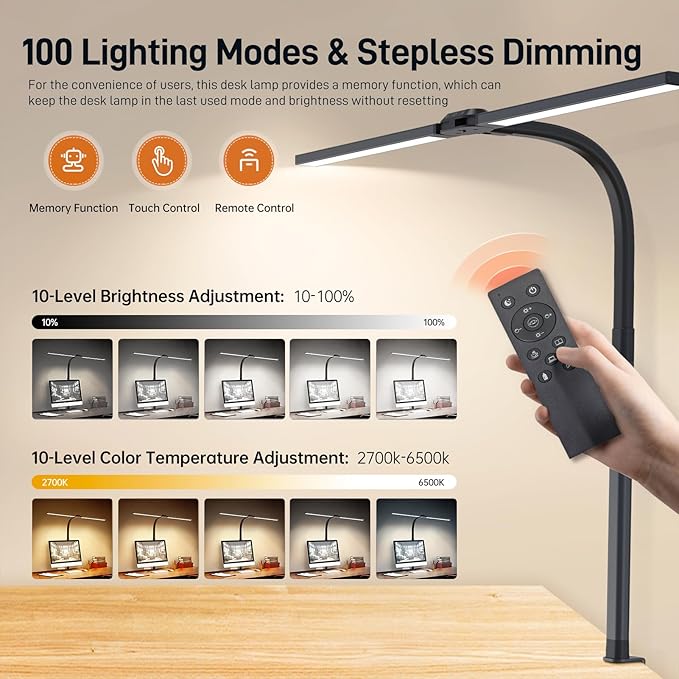 LED Desk Lamp for Home Office, Eye-Caring Desk Light with Clamp, 24W Double Head Architect Task Lamp Stepless Dimming, Flexible Gooseneck Bright Table Lamp for Study Reading Workbench Drafting