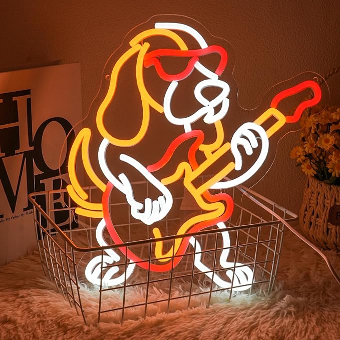 Dachshund Guitar Neon Sign for Wall Decor, Guitar Dog Neon Light, Dimmable Animal Music LED Light Up Sign for Bedroom,Living Room, Store,Party Decor