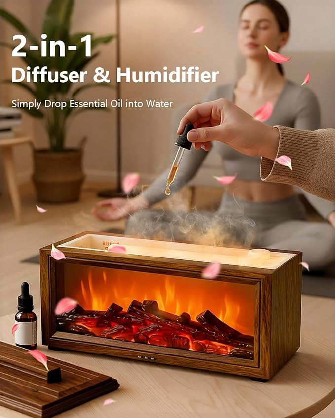 Essential Oil Diffuser, 7-Color Fireplace Fire Flame Aromatherapy Humidifier, 280ml Ultrasonic Aroma Diffuser Valentine's Day Gift with Time Sets and Remote Control for Bedroom Home Yoga Office