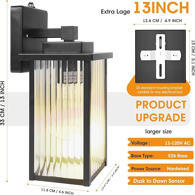 13 Inch Matte Black Outdoor Wall Light, Dusk to Dawn Waterproof Exterior Light Fixture for Porch, Front Door or Garage