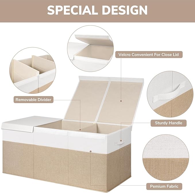 INDRESSME 185L Extra Large Toy Box, Toy Storage Organizer Collapsible Storage Bins with Lids Toy Chest for Playroom, Living Room, Toy Baskets Storage Kids, Boys Girls 39" x 17" x 17" (Beige & White)