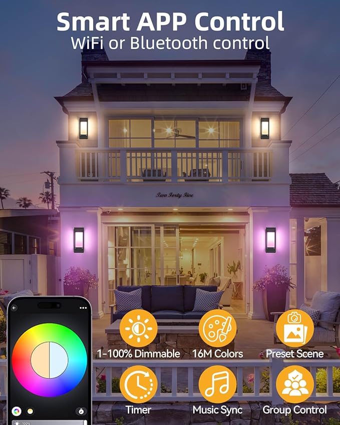 RAYVO Smart Outdoor Wall Light, RGB Color Changing Sconce with App & Voice Control, Dusk to Dawn Outdoor Lighting, Adjustable 2700K–6500K, Waterproof Exterior Light Fixture for House Porch Garage