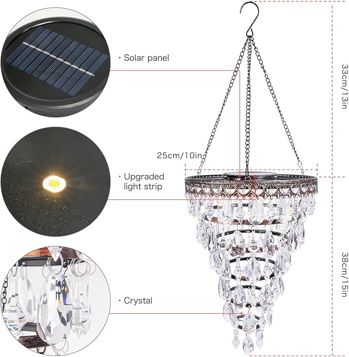 Solar Hanging Acrylic Crystal Chandelier Outdoor Garden Decorative Lights a Bright Warm LED and 5ft LED Strip Weatherproof Tree Hanging Lantern for Valentine Gifts Garden Gazebo, Party, Wedding 6 Tier