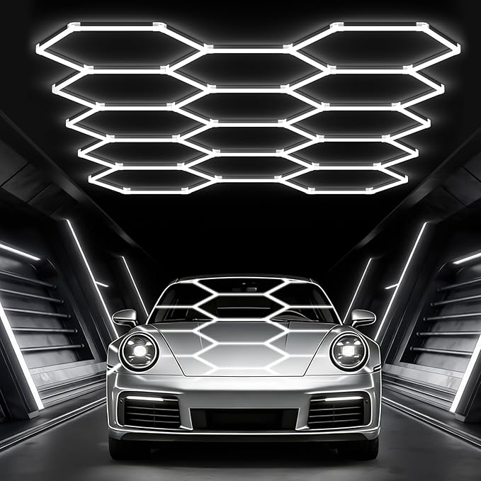 Glitgate Hexagon Garage Lights, 399W 43890LM, 14 Grid LED Shop Light, 6500K Daylight White Hex Lights for Garage, Gym, Basement, Workshop, Super Bright Ceiling LED Lights