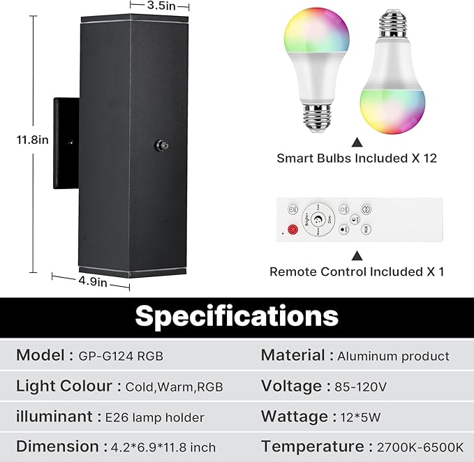 Outdoor Wall Lights 6 Pack, RGBCW Exterior Lighting Sconce,2700K-6500K Dimmable Smart Porch Lights Outdoor for House Patio Garage, Compatible with Alexa/Google Assistant, Bulb Included