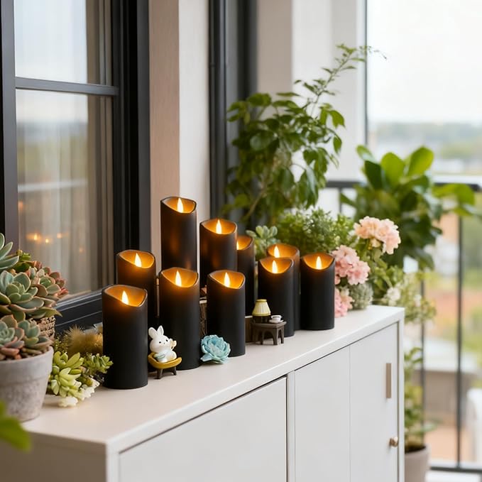 Flameless Candles with Remote, Battery Operated Flickering Flameless Candles, LED Candles with Timer 2/4/6/8H, with Realistic LED Candles Set of 24 (D2.2 x H 5" 6" 7") (Black)