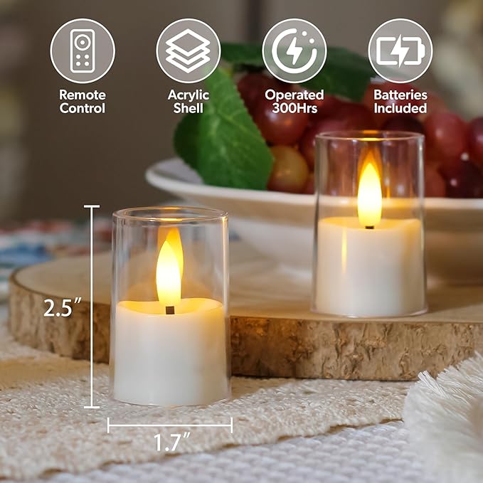 Flameless Small Tea Light LED Candles, Acrylic Battery Operated Votive 1.7" x2.5" with Remote Control and Timer, Tealight White Flickering Warm Light Pack of 15 Electric Long Lasting