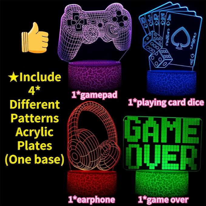 3D Gamepad Night Light with 4 Patterns 3D Hologram Illusion, Dimmable Remote Control, 16 Color Changing LED, Room Decor Earphone Bedside Desk Lamp, 3D Game Over Lamp for Game Lovers