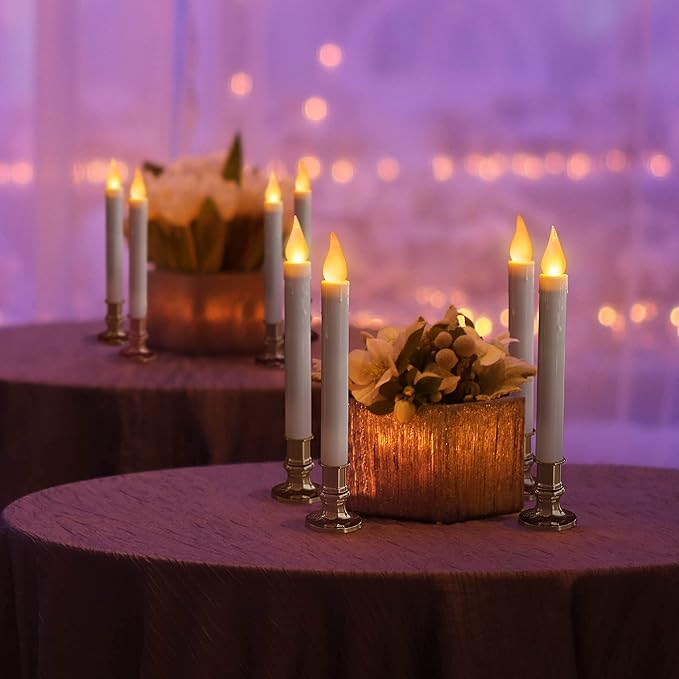 FURORA LIGHTING LED White Taper Candles with Gold Holders Pack of 6 with 5/19 Timer, Elegant Flameless Glow for Home Décor, Batteries Included