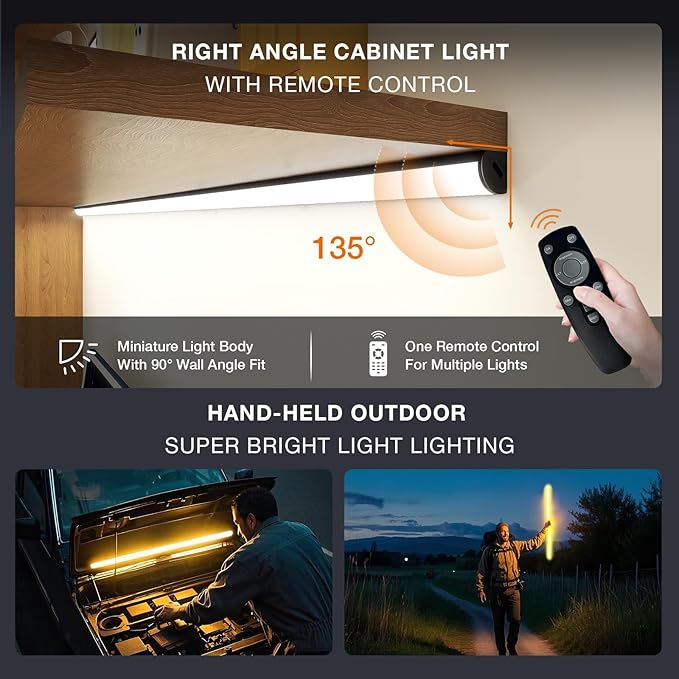 Under Cabinet Lighting Wireless with Remote,Rechargeable Battery Operated Closet Lights,3 Color Magnetic Dimmable led Strip Lights,Under Counter Lights for Kitchen,Shelf,Bedroom (Black-2PCS, 80cm)