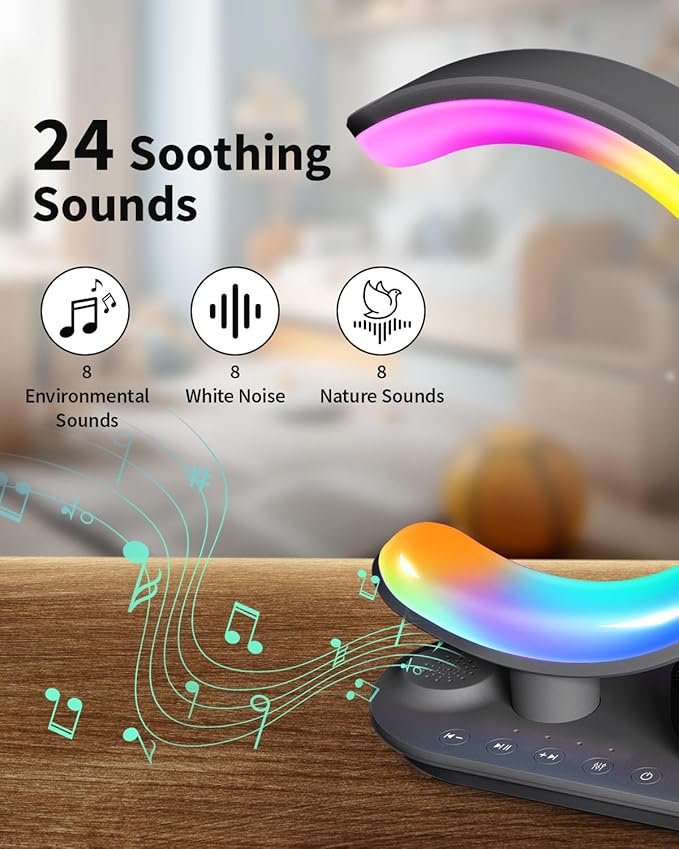4 in 1 Bluetooth Speaker Night Light with Wireless Charger, Atmosphere Lamp with 24 Soothing Sounds, 16M+ Colors & App Control, Smart Light Sound Machine for Bedroom Home Decor (Grey)