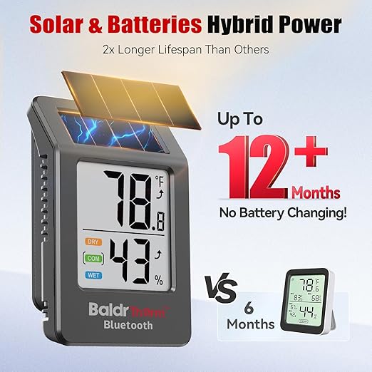 BaldrTherm Bluetooth Thermometer Wireless, Smart Thermometer with App Control, 200ft Coverage, Offline Storage, Trend Charts, Real-Time Alerts for Home, Pet Cage, Indoor/Outdoor Use, Black, 1pack