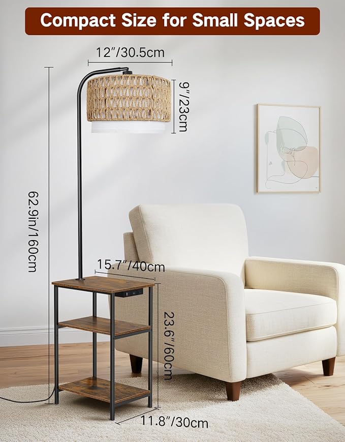 Floor Lamp with Table & Rattan Shade, Side End Table with Charging Station, Dimmable Nightstand with 3 Color Temperatures, 1-Hour Timer, 12W LED Bulb, for Living Room, Bedroom(Rustic Brown)