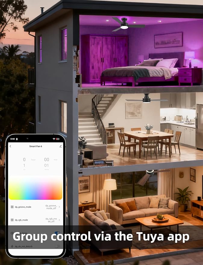 42" RGB Ceiling Fan with Light, Music Sync Smart Fan with Alexa/Google/App Control, Low Profile Flush Mount, 6-Speed Quiet DC Motor, 4 CCT Dimmable Lighting for Bedroom Living Room, Black