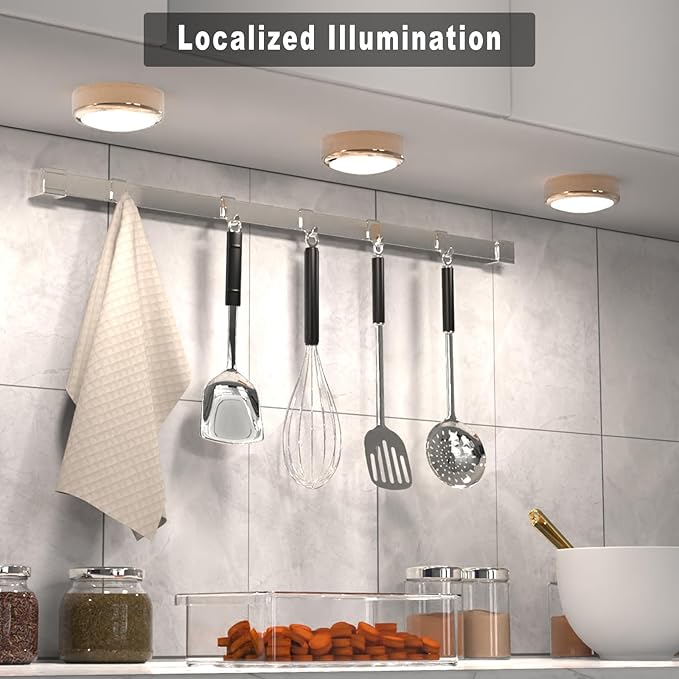 HELPLEX LED Puck Lights with Remote, 6 Pack Color Changing RGBW Stick-On Light, Battery Powered, Dimmable Under Cabinet Lighting with Timer & Memory, Wireless Push Lights for Kitchen & Closet, Gold