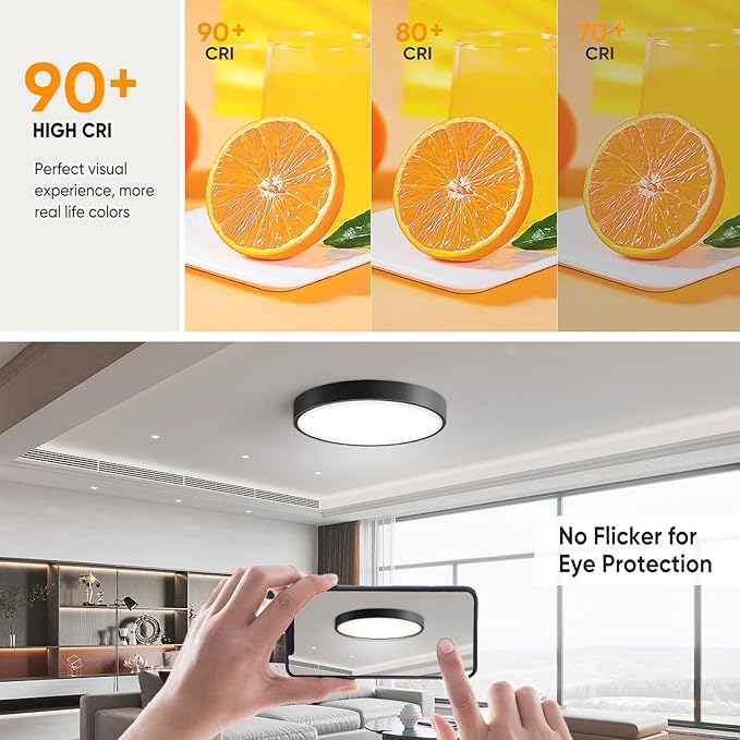 18 Inch Flush Mount Ceiling Light with Remote Control & Night Light, 5CCT Dimmable Ceiling Light Fixture, 43W 4300LM 2700K-6500K Adjustable LED Ceiling Lights for Bedroom Kitchen, Black
