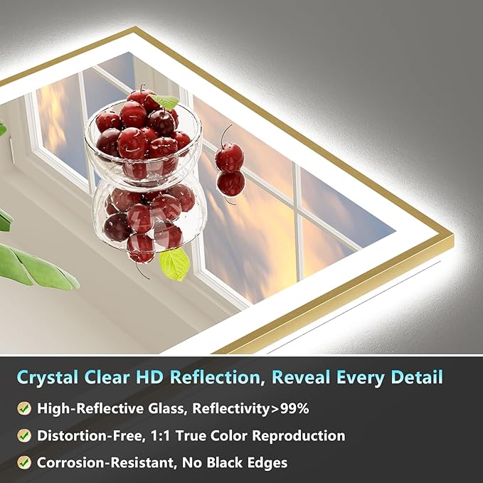 55x40 Gold LED Bathroom Mirror with Lights, Brushed Gold Framed Backlit and Front Lit Anti-Fog Lighted Vanity Mirrors for Bathroom Wall, Dimmable, 3 Colors, Memory, HD Tempered Glass, CRI＞90