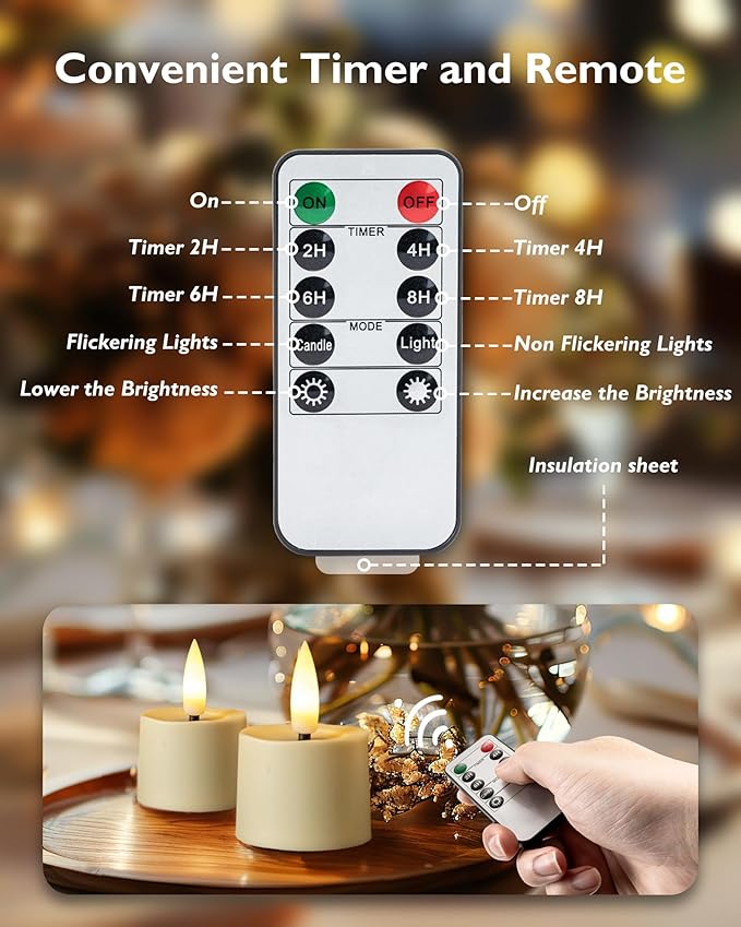 Remote Candles, 12Pcs Timer LED Votive Candle, Realistic 3D Flickering Flameless Tea Light Candles Battery Operated with 2/4/6/8H Timer for Home Decor- Ivory Base