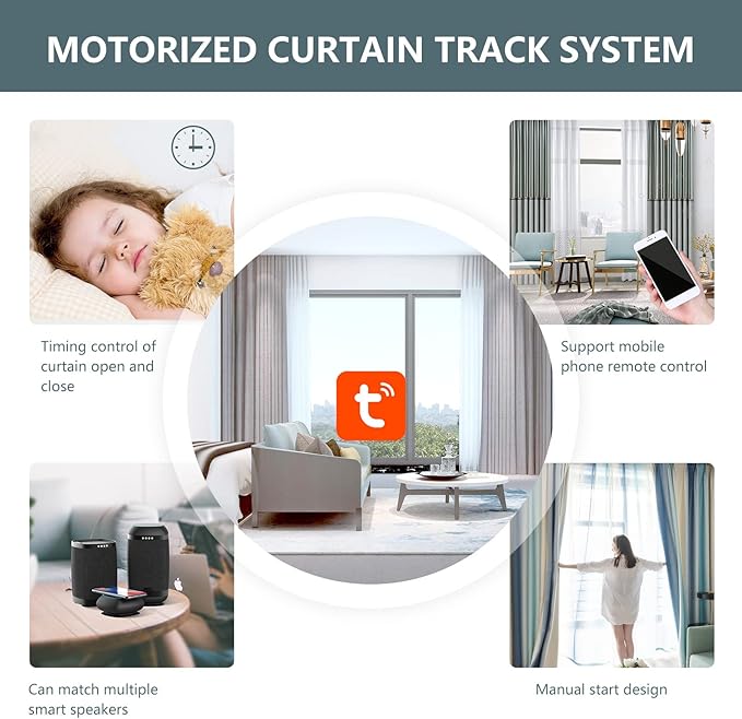 Smart Curtain Tracks WiFi Control by Phone, Support Voice Control for Alexa, Google Home, Tuya App Remote Automated Curtain Smart Curtains Opener Motorized Curtains Rods with Remote Control (125'')