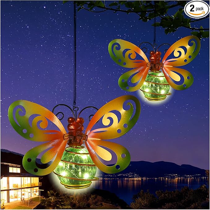 2 Pack Butterfly Garden Decor with Bouncy Springs Fairy Lights Birthday Gifts for Women Mom,Hanging Solar Lights Outdoor Waterproof Metal Solar Decoration Outside for Yard, Patio, Backyard, Porch