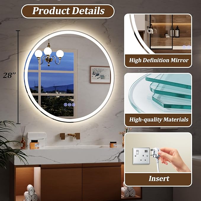 BEAUTYPEAK 28x28 LED Round Bathroom Mirror with Lights, Anti-Fog, Dimmable, Backlit + Front Lit, Lighted Bathroom Vanity Mirror for Wall, 3 Colors, Memory Function, Tempered Glass, Shatter-Proof
