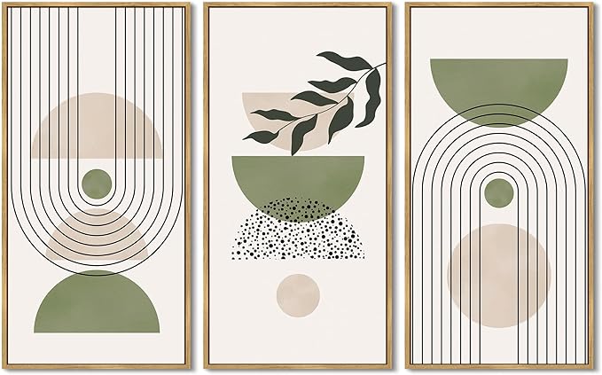KUVIOKE Boho Wall Art Green Botanical Leaf Artwork Sage Framed Wall Decor for Bathroom 8x16in3pcs Natural Framed