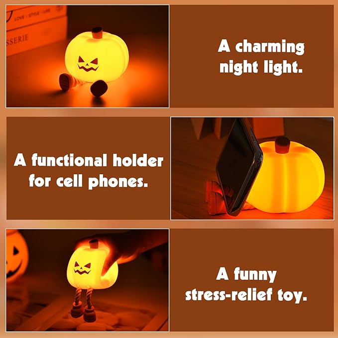 Cute Silicone Pumpkin Night Light, Rechargeable Dimmable Nursery Nightlight, Bedside Touch Lamp for Breastfeeding, Pumpkin Decor for Fall Decorations (Halloween)