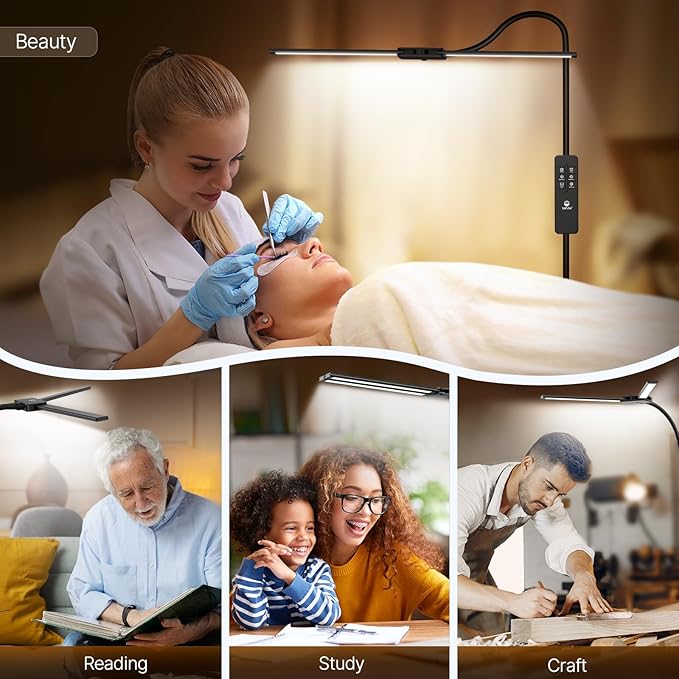 Syrinx LED Floor Lamp, 14W 2000LM Bright Reading Floor Lamp for Office, Gesture & Remote Control, Dual Head Goose-Neck Standing Lamp, Dimmable Brightness & Color Temp, Eye Caring Light for Living Room