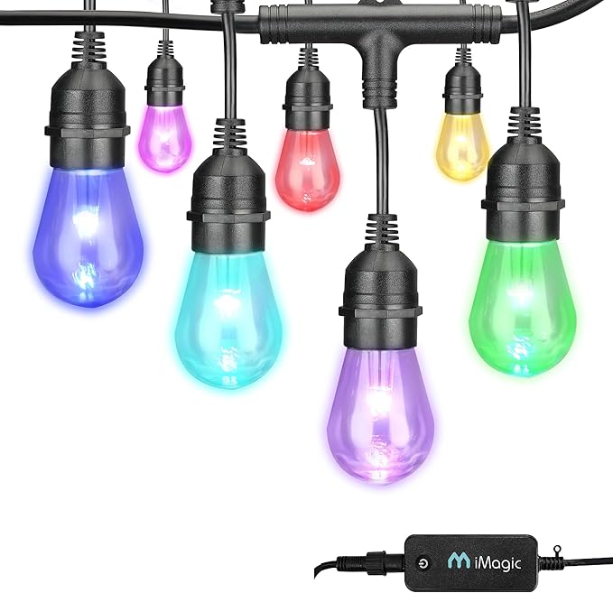 iMagic Outdoor String Lights, 49 Ft Smart RGB Patio Lights, 15 LED Bulbs Multi Color String Lights, for Alexa/Google Assistant, App Control, 2.4 GHz Only, IP65 Waterproof, Meet to U.S. Standards