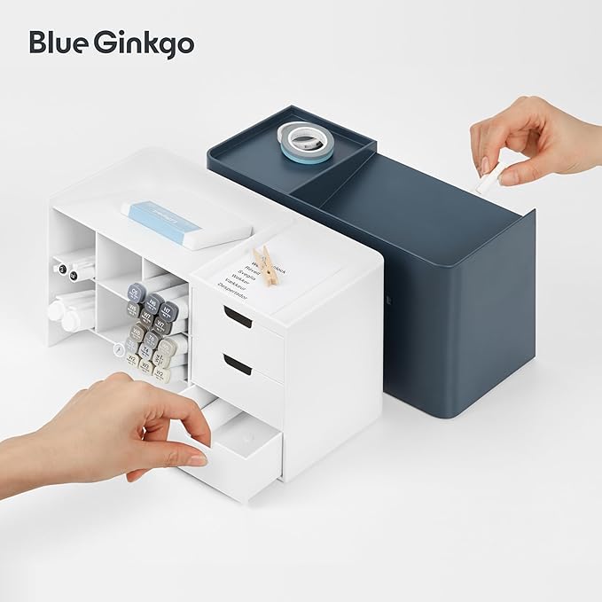BLUE GINKGO Hive Stack Desk Organizer – Stackable Pen Holder, Stationary Organizer with Drawers - Office Storage, School Supplies, Makeup (Made in Korea, White)