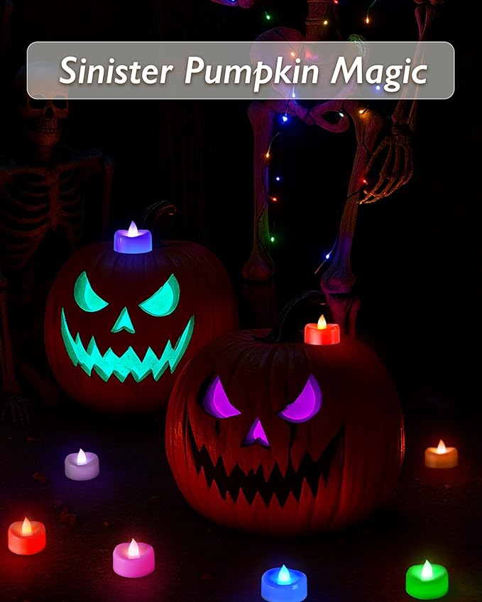 Raycare 24 Pack 7-Color Changing LED Tea Lights, Battery Operated Flameless Votive Candles for Party, Halloween Pumpkin, and Christmas Decorations (200+ Hours)