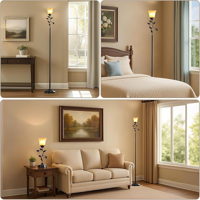 RORIANO 72” Flower Farmhouse Floor Lamp for Living Room, Unique Rustic Leaf Tall Standing Lamp with Amber Glass Shade and Traditional Foot Switch for Bedroom, Corner, Office, Bulb Included (Bronze)