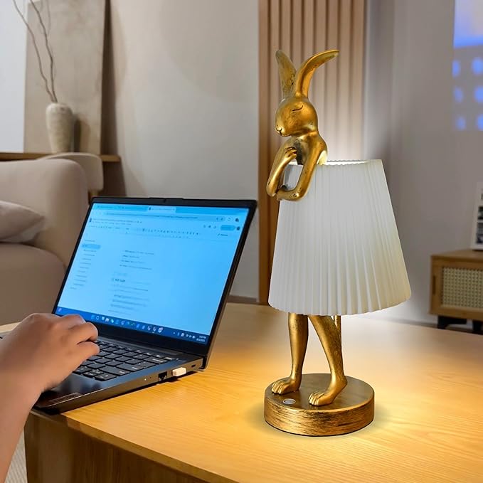 Cordless Rabbit Table Lamp Rechargeable LED 5000mAh, 15.7” Cute Decorative Night Light with Linen Shade & Gold-Tone Bunny Design, Portable Touch Dimmable Bedside Lamp for Bedroom, Home Decor (gray)