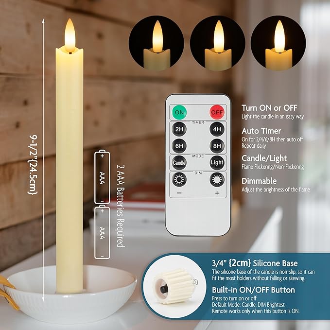 Flameless Taper Candles with Remote, Real Wax Battery Operated LED Candles with 3D Flickering Flame, 9.6" 3PCS Ivory Realistic Dripless Candlesticks for Home Wedding Decor, Mother's Day Gifts